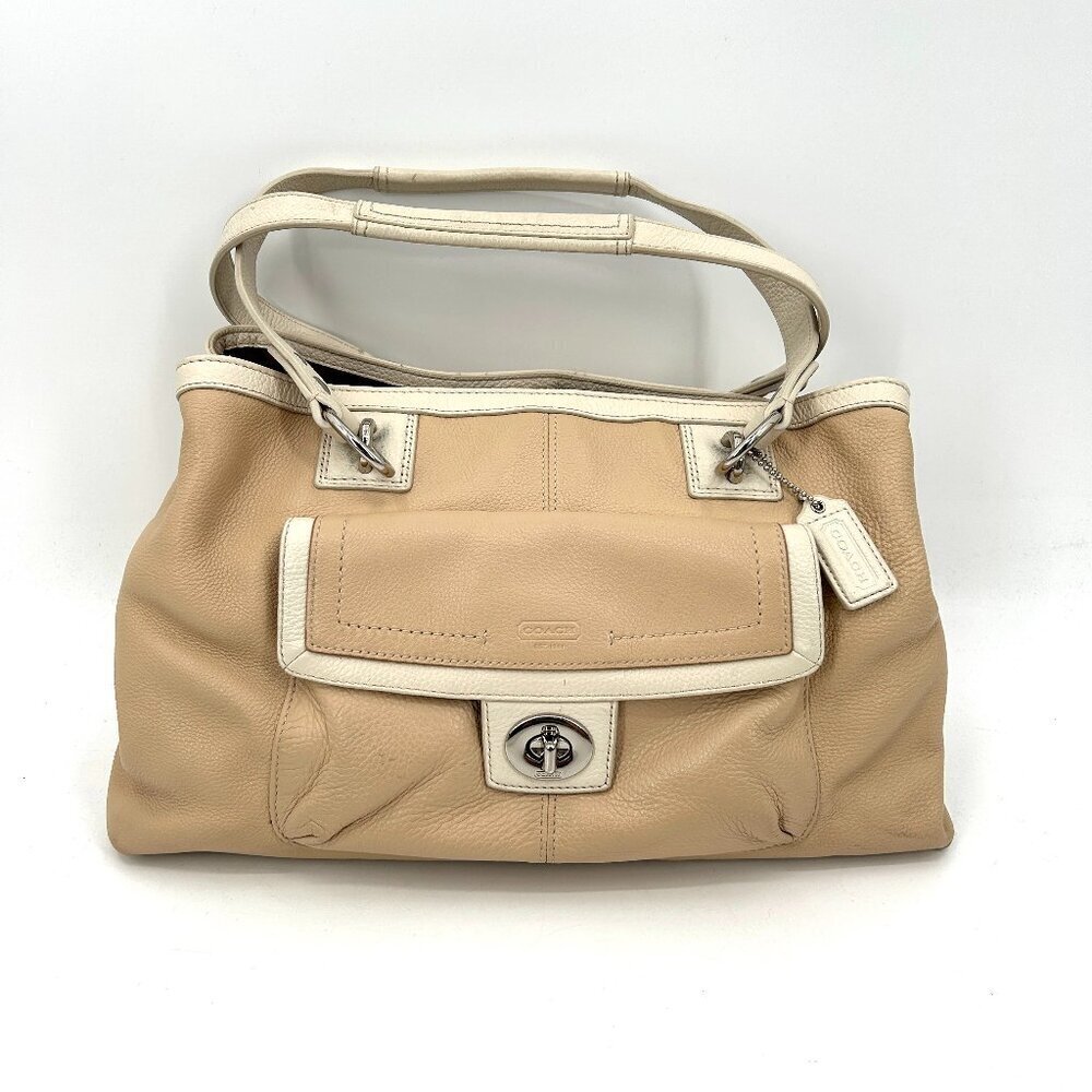 Coach Beige White Purple Leather Penelope Caryall Satchel Shoulder Bag Purse